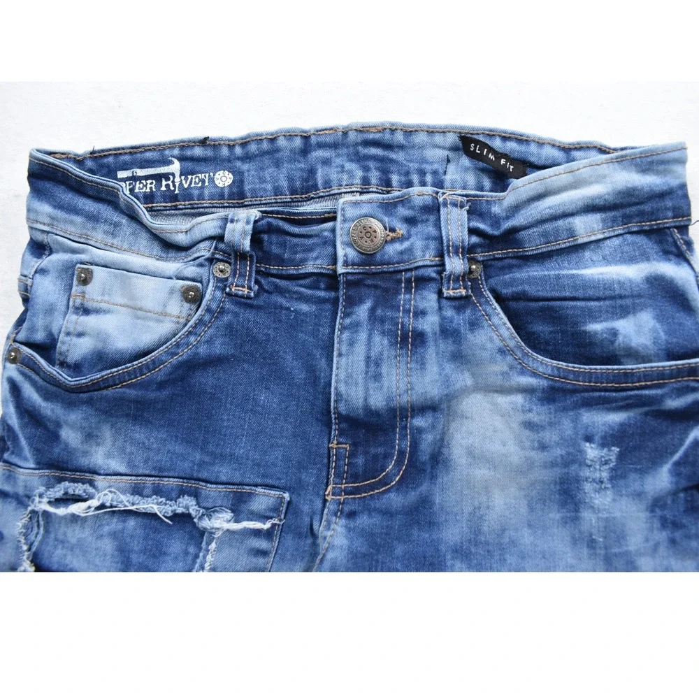 Copper Rivet Slim Fit Distressed Graphic Jeans Blue Mens 28 Icon King New Wave